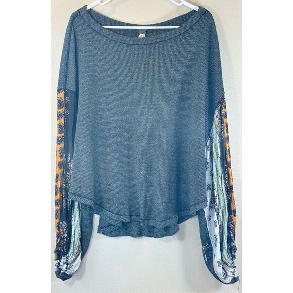 Free People We The Free Blossom Thermal Boho Patchwork  Balloon Sleeves Tunic L - Picture 2 of 11